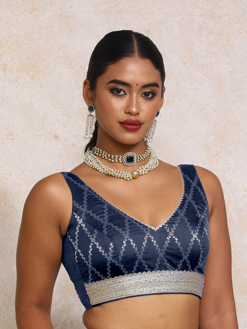 Liyana x Tyohaar | Sleeveless Royal Navy Vine Mesh Brocade Saree Blouse-Binks