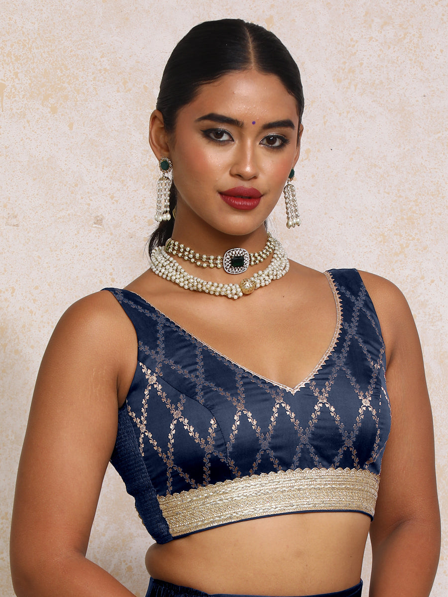 Liyana x Tyohaar Saree Blouse, in Blue Viscose Silk Brocade, featuring sleeveless and curved v-neckline (view 7).