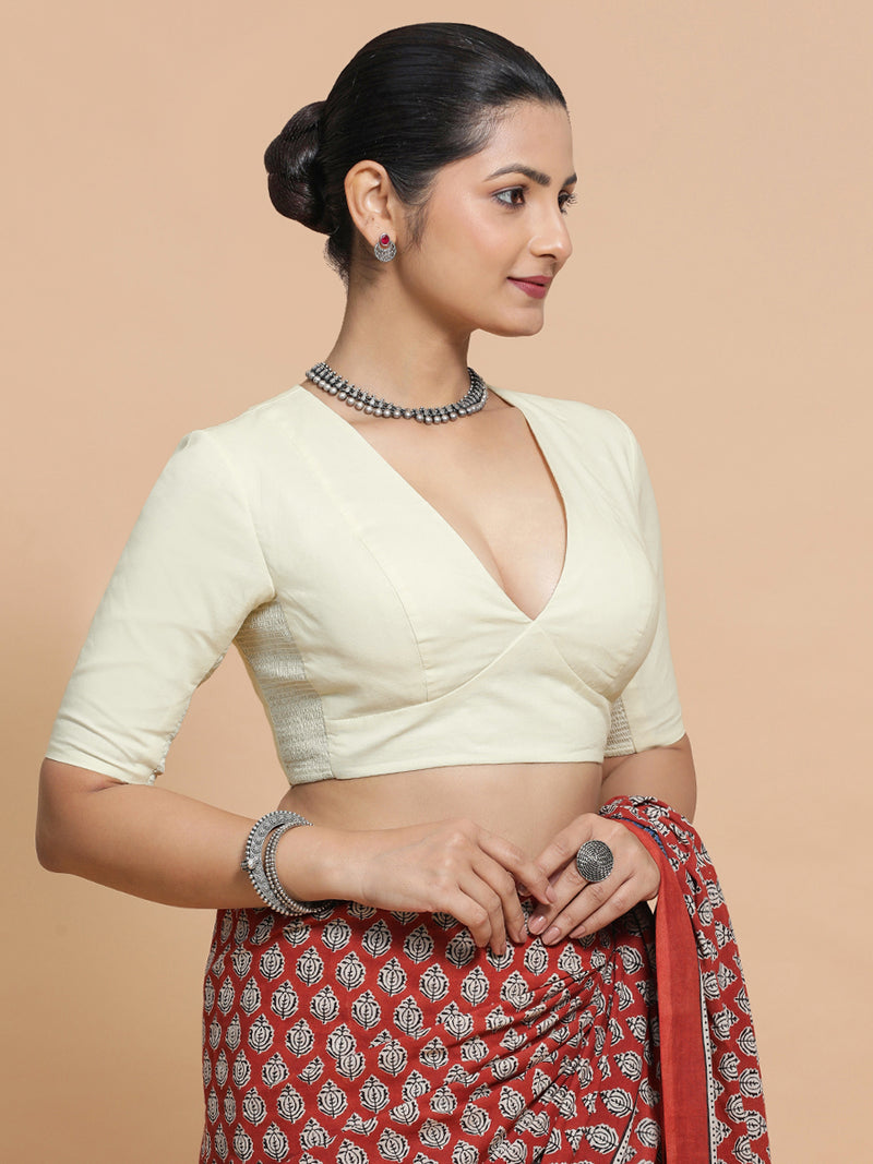 Malika x Rozaana | Deep Neck Saree Blouse in Chalk White Linen-Binks