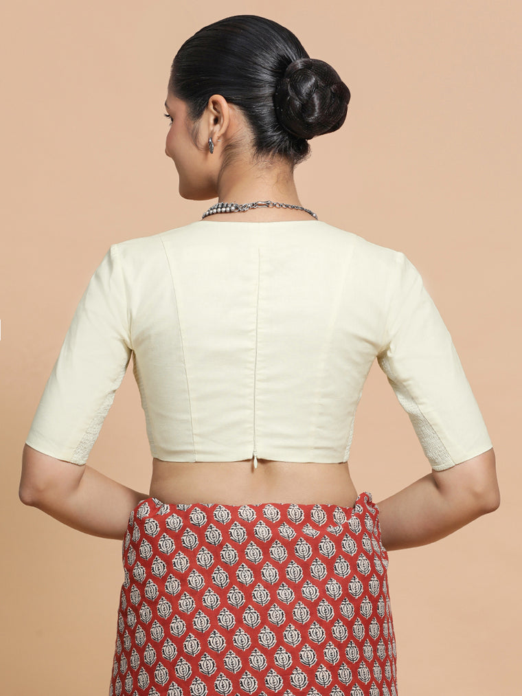 Malika x Rozaana Saree Blouse, in White Linen, featuring elbow sleeves and v-neckline, made for daily & work (view 2).