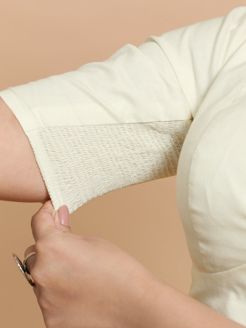 Malika x Rozaana | Deep Neck Saree Blouse in Chalk White Linen-Binks