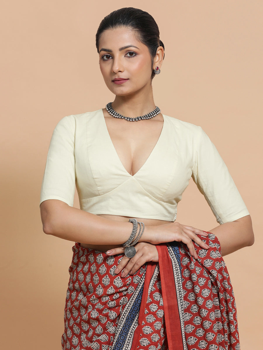 Malika x Rozaana Saree Blouse, in White Linen, featuring elbow sleeves and v-neckline, made for daily & work (view 8).