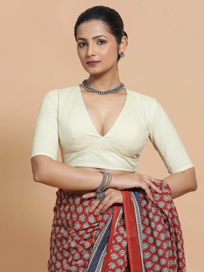 Malika x Rozaana | Deep Neck Saree Blouse in Chalk White Linen-Binks