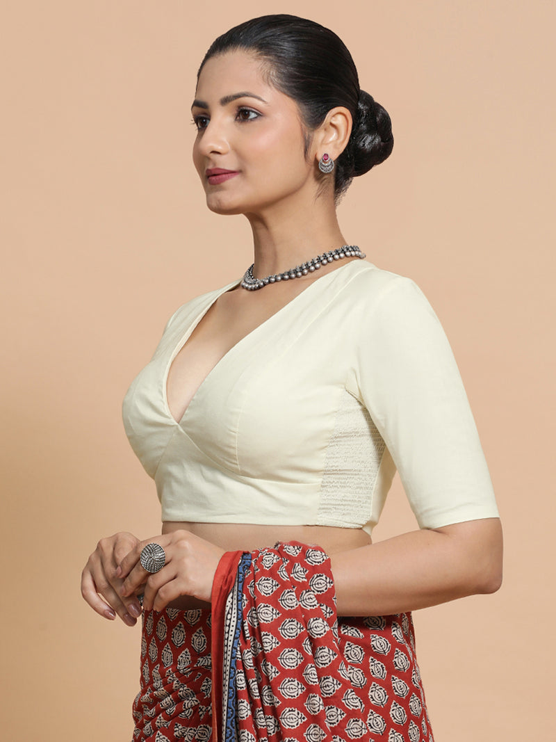 Malika x Rozaana | Deep Neck Saree Blouse in Chalk White Linen-Binks
