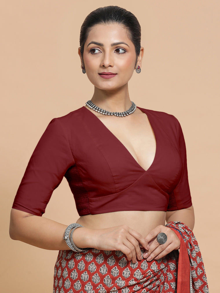 Malika x Rozaana Saree Blouse, in Red Linen, featuring elbow sleeves and v-neckline, made for daily & work.