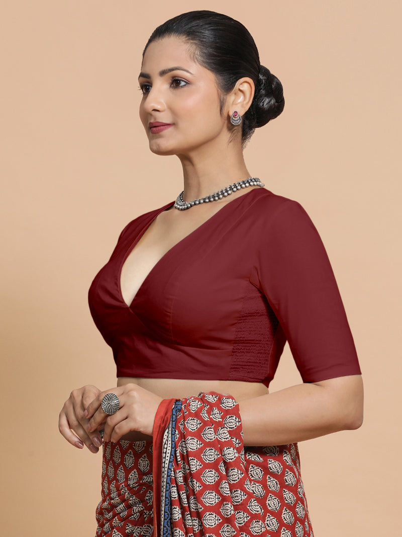 Malika x Rozaana | Deep Neck Saree Blouse in Cranberry Red Linen-Binks