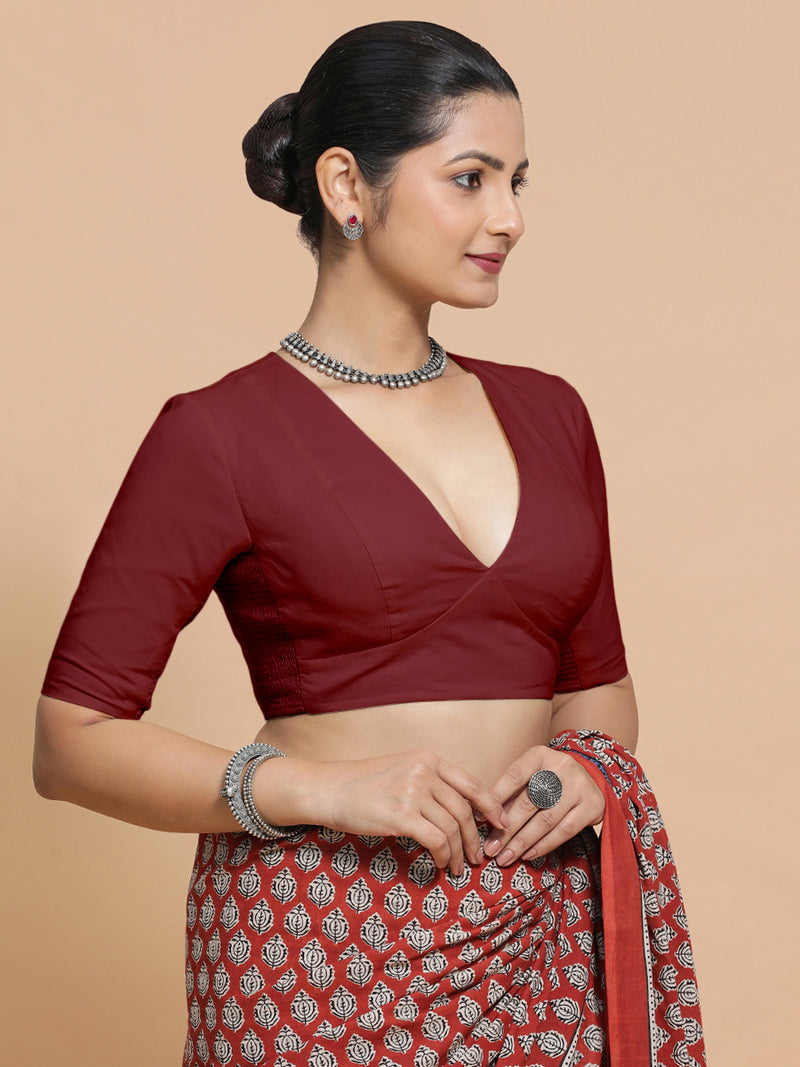 Malika x Rozaana | Deep Neck Saree Blouse in Cranberry Red Linen-Binks