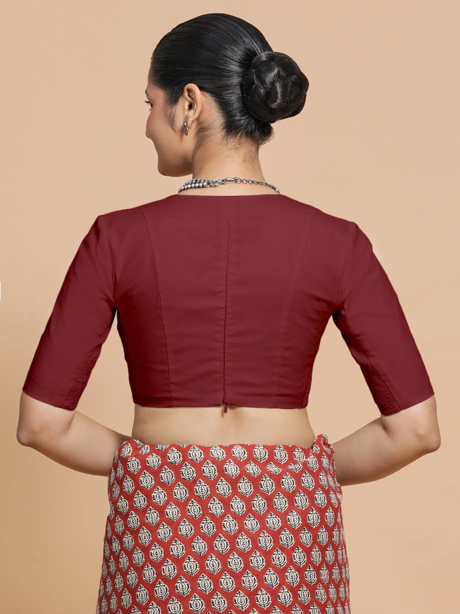 Malika x Rozaana Saree Blouse, in Red Linen, featuring elbow sleeves and v-neckline, made for daily & work (view 2).