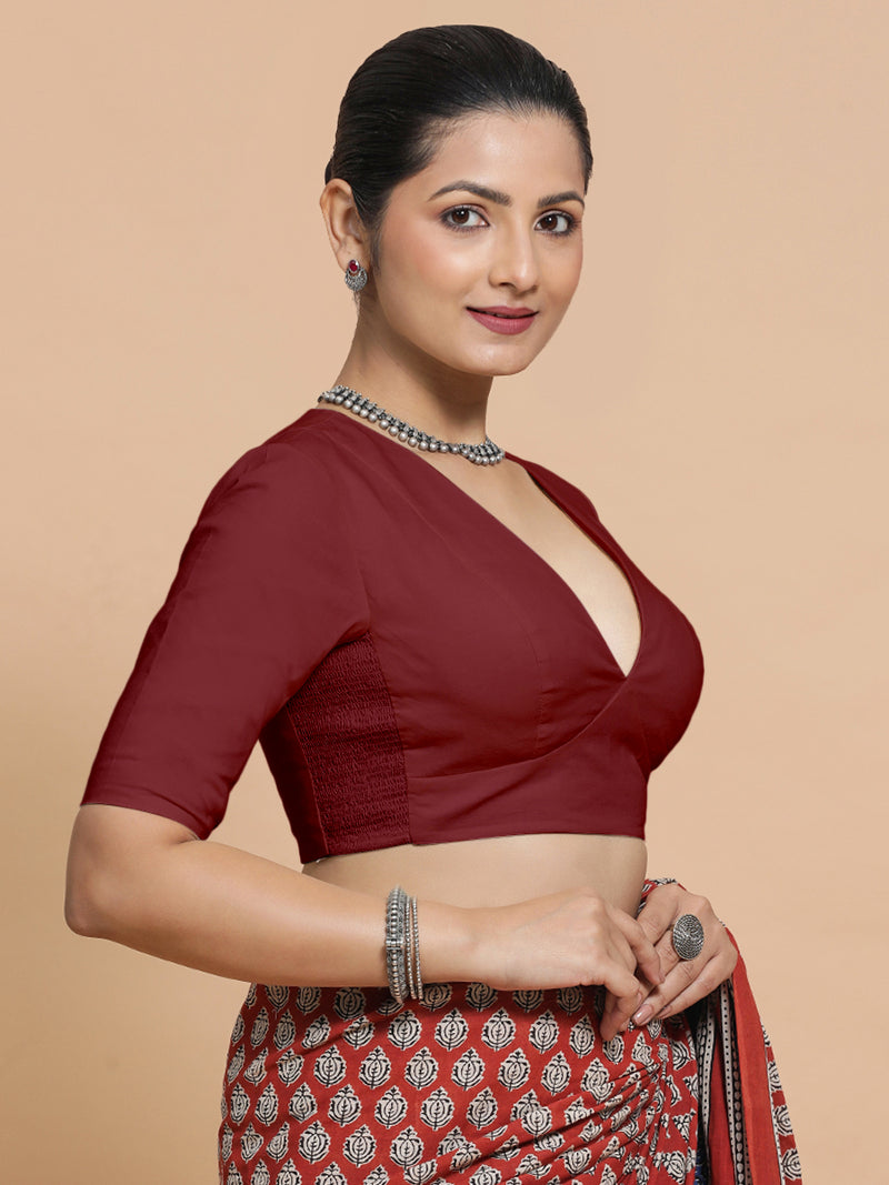 Malika x Rozaana | Deep Neck Saree Blouse in Cranberry Red Linen-Binks