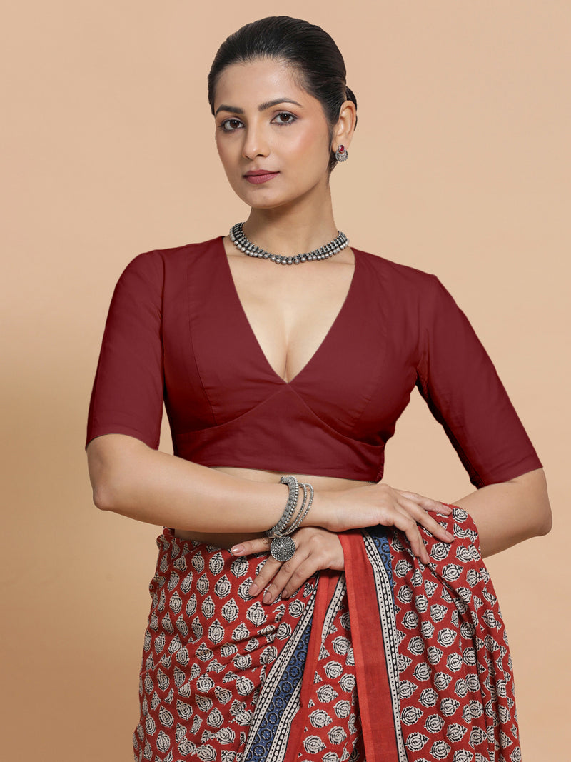 Malika x Rozaana | Deep Neck Saree Blouse in Cranberry Red Linen-Binks