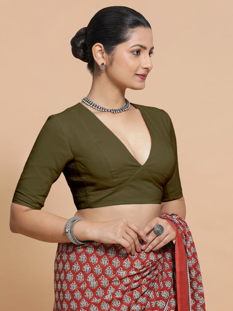 Malika x Rozaana Saree Blouse, in Green Linen, featuring elbow sleeves and v-neckline, made for daily & work.