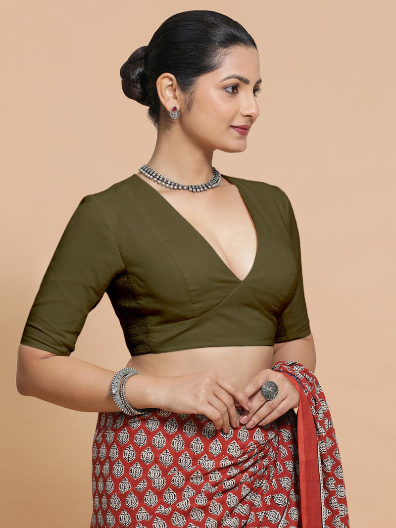 Malika x Rozaana | Deep Neck Saree Blouse in Deep Olive Green Linen-Binks