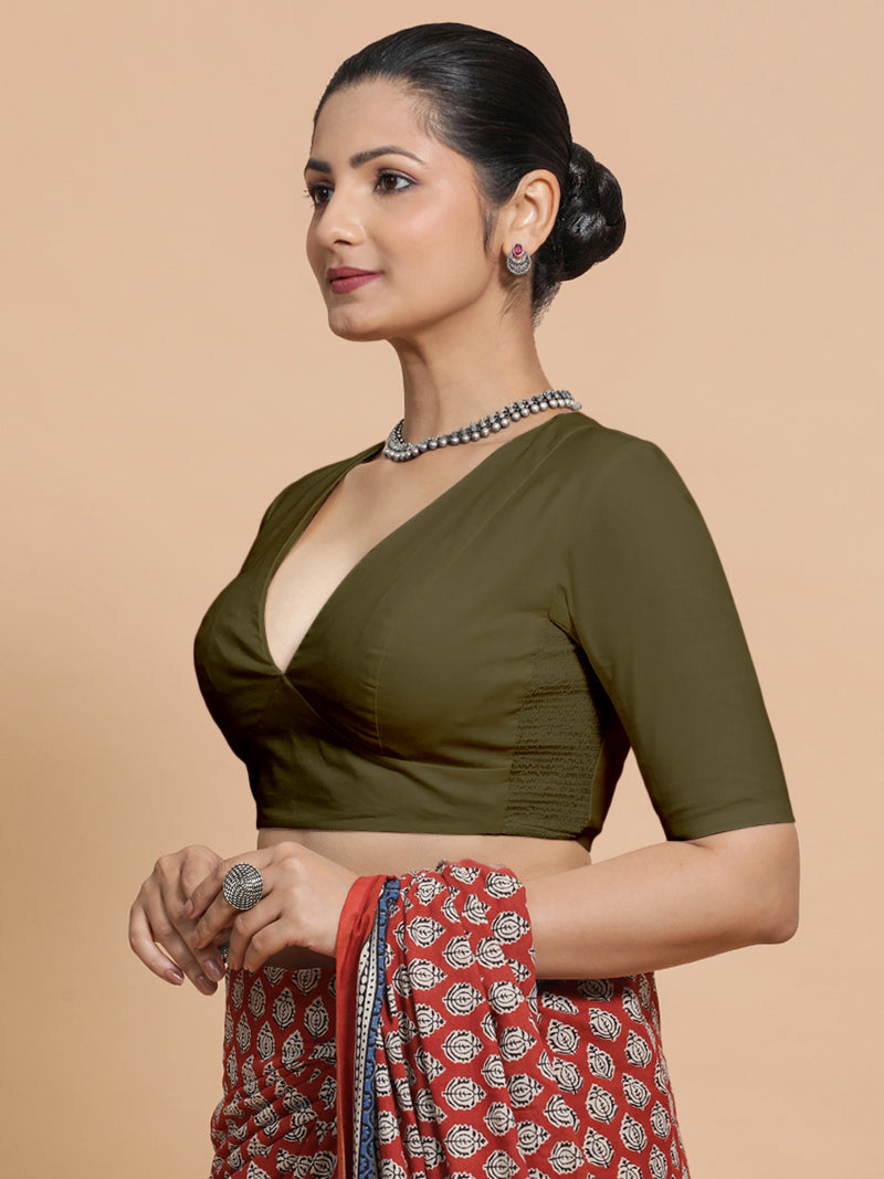 Malika x Rozaana | Deep Neck Saree Blouse in Deep Olive Green Linen-Binks
