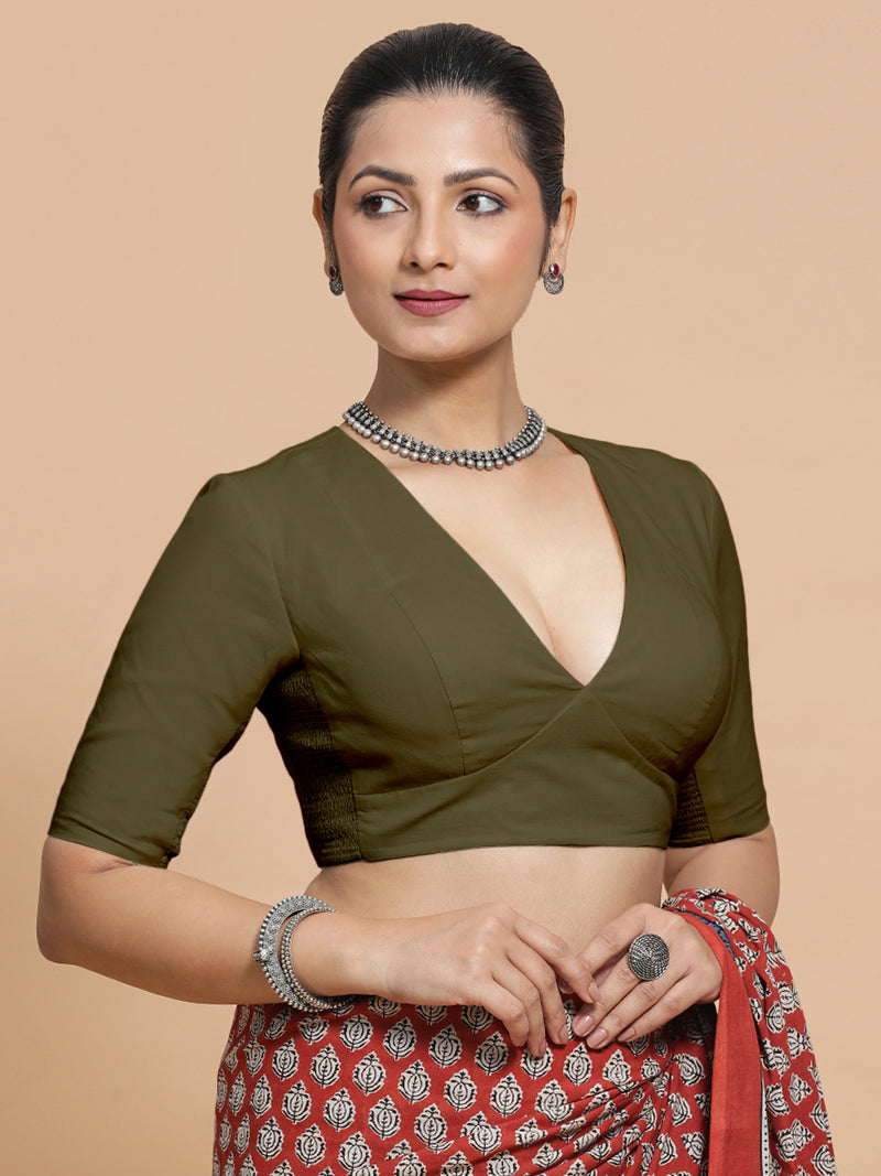 Malika x Rozaana | Deep Neck Saree Blouse in Deep Olive Green Linen-Binks