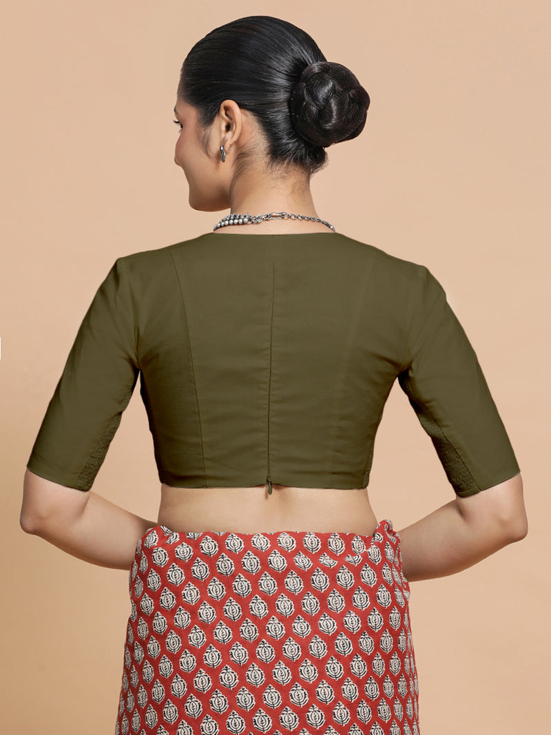 Malika x Rozaana | Deep Neck Saree Blouse in Deep Olive Green Linen-Binks