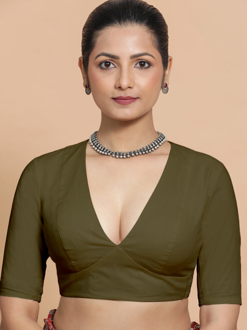 Malika x Rozaana | Deep Neck Saree Blouse in Deep Olive Green Linen-Binks