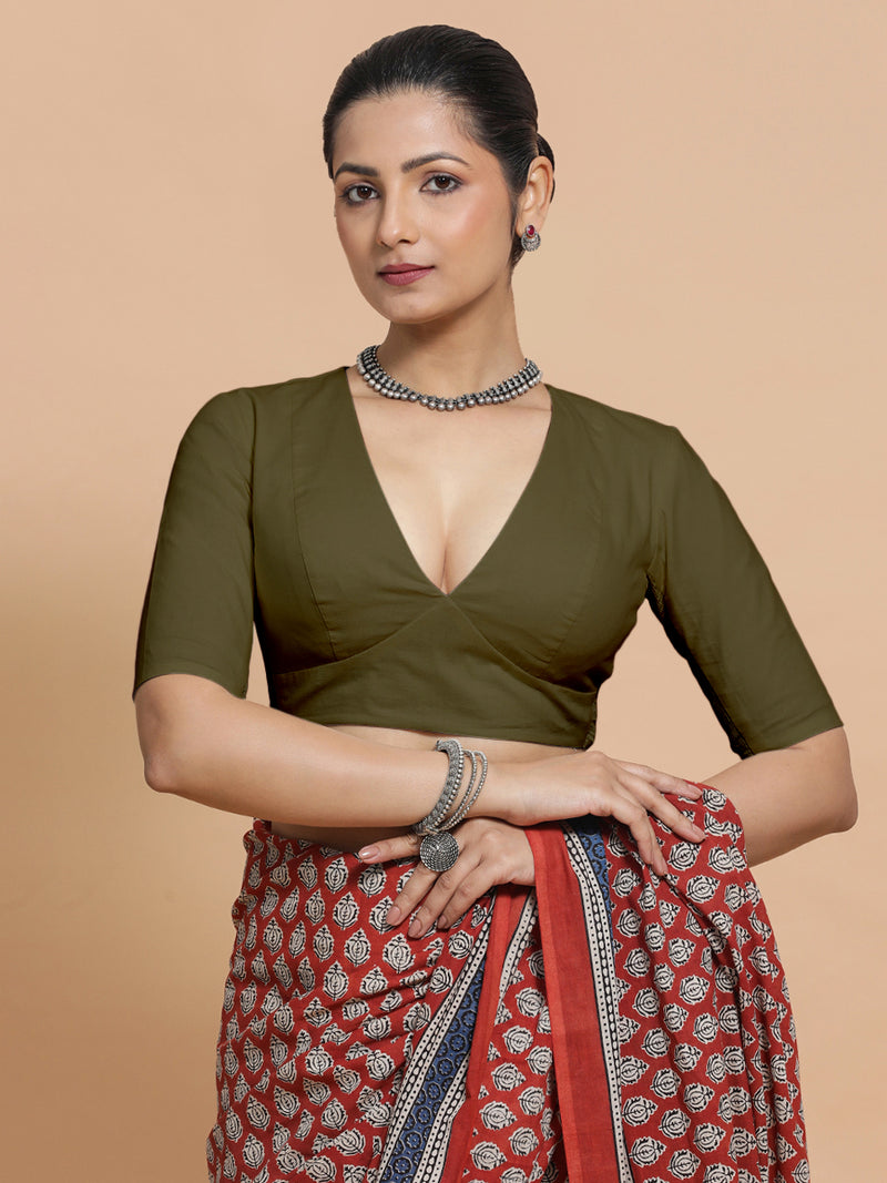 Malika x Rozaana | Deep Neck Saree Blouse in Deep Olive Green Linen-Binks