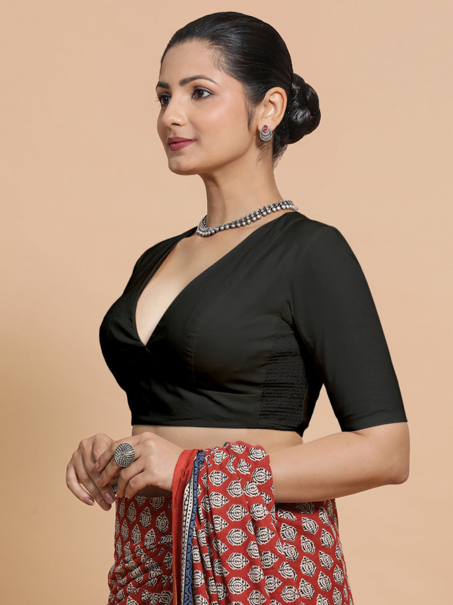 Malika x Rozaana Saree Blouse, in Black Linen, featuring elbow sleeves and v-neckline, made for daily & work.