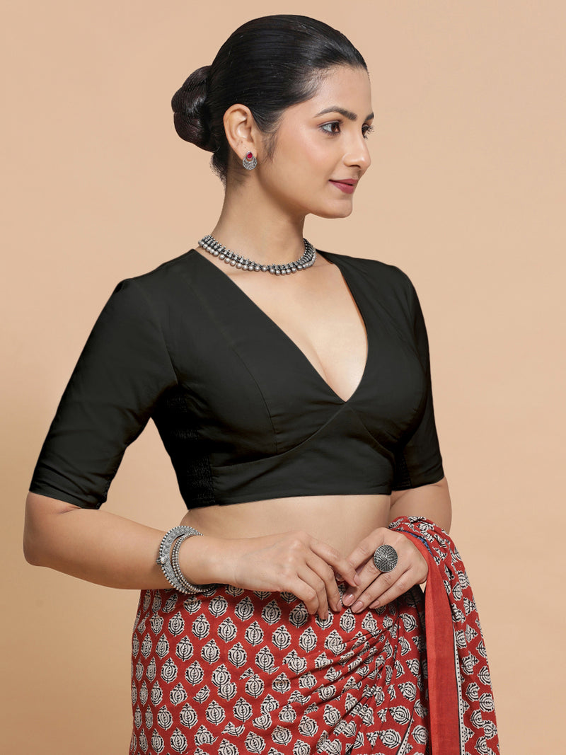 Malika x Rozaana | Deep Neck Saree Blouse in Ebony Black Linen-Binks