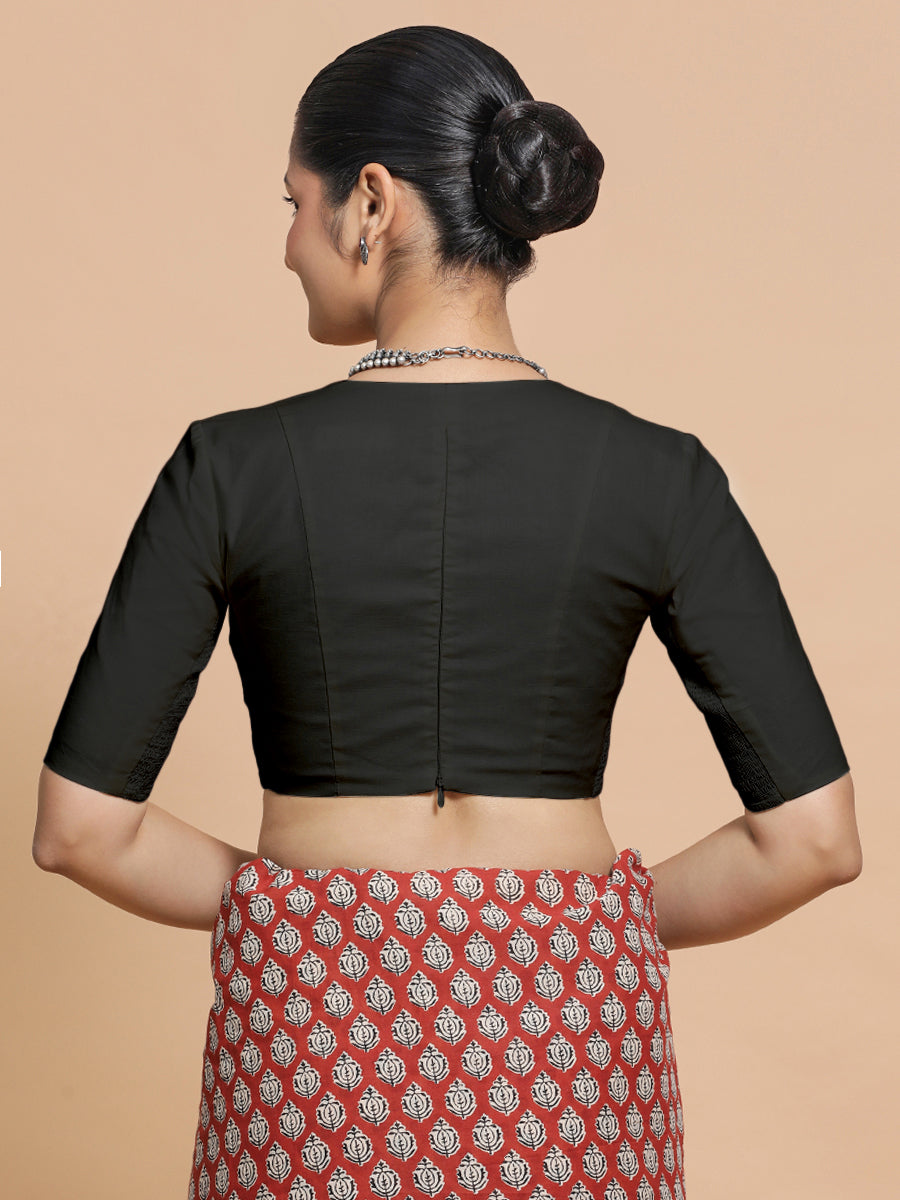 Malika x Rozaana Saree Blouse, in Black Linen, featuring elbow sleeves and v-neckline, made for daily & work (view 2).