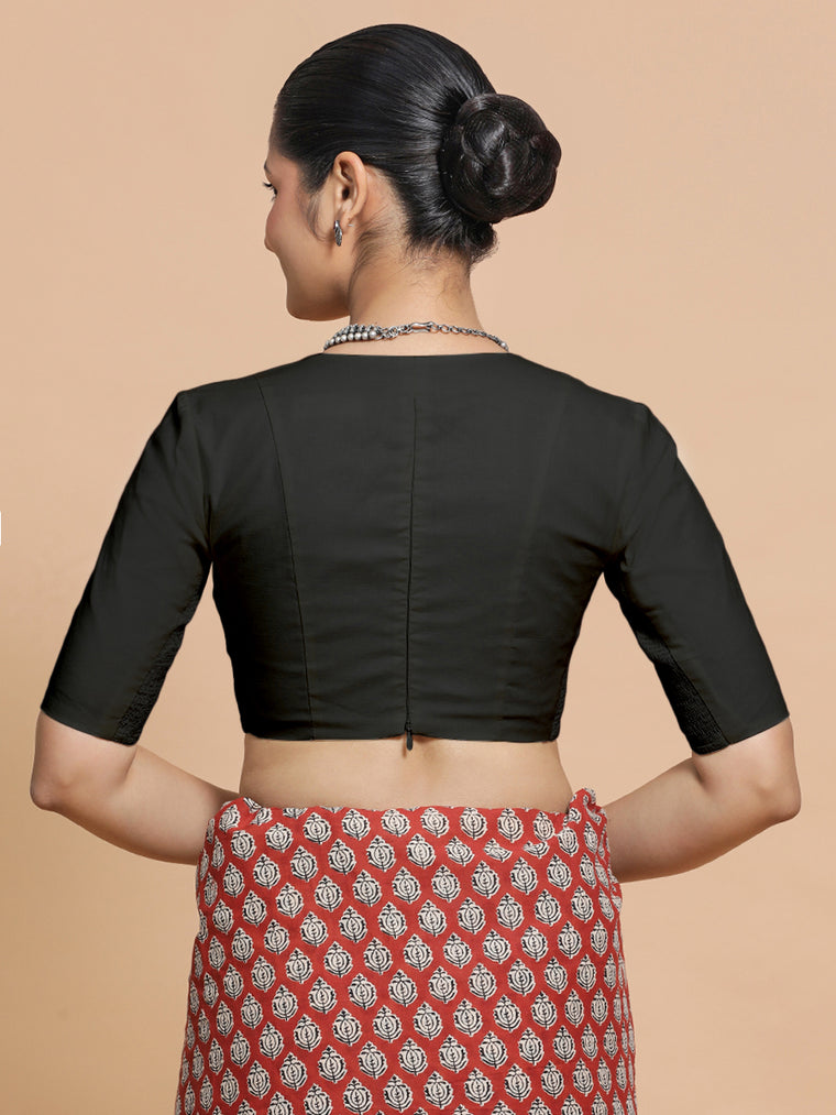 Malika x Rozaana Saree Blouse, in Black Linen, featuring elbow sleeves and v-neckline, made for daily & work (view 2).