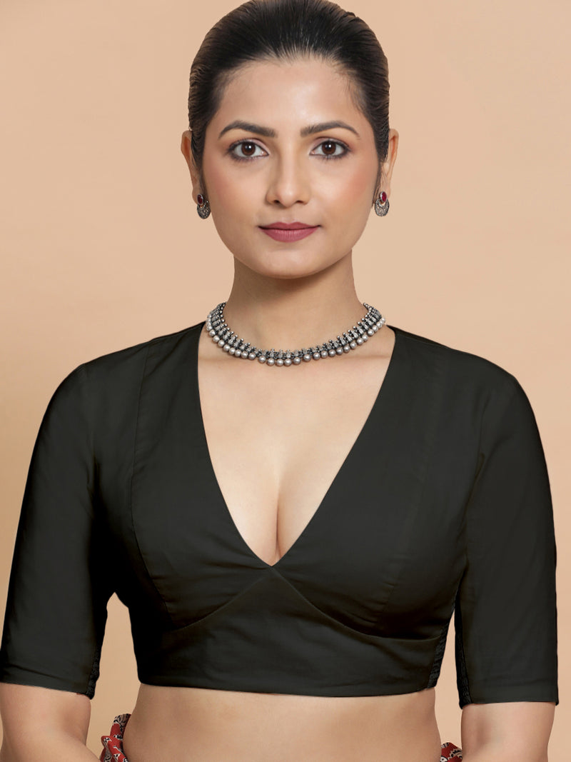 Malika x Rozaana | Deep Neck Saree Blouse in Ebony Black Linen-Binks