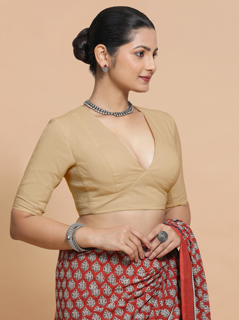 Malika x Rozaana | Deep Neck Saree Blouse in Ecru Beige Linen-Binks