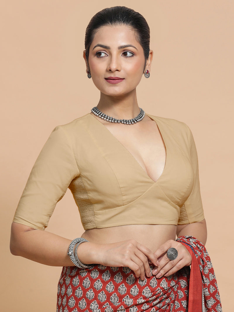 Malika x Rozaana | Deep Neck Saree Blouse in Ecru Beige Linen-Binks