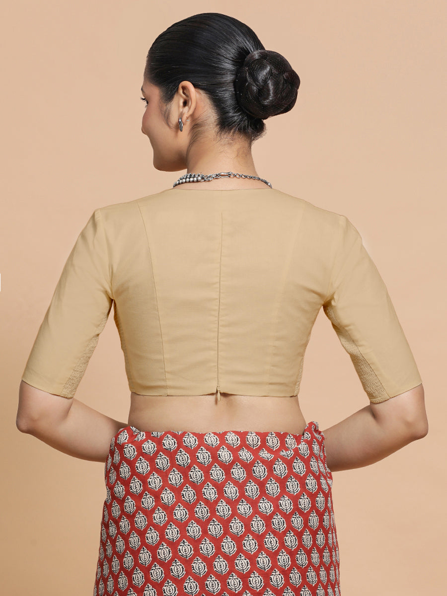 Malika x Rozaana Saree Blouse, in Beige Linen, featuring elbow sleeves and v-neckline, made for daily & work (view 2).