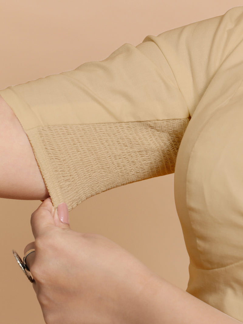 Malika x Rozaana | Deep Neck Saree Blouse in Ecru Beige Linen-Binks