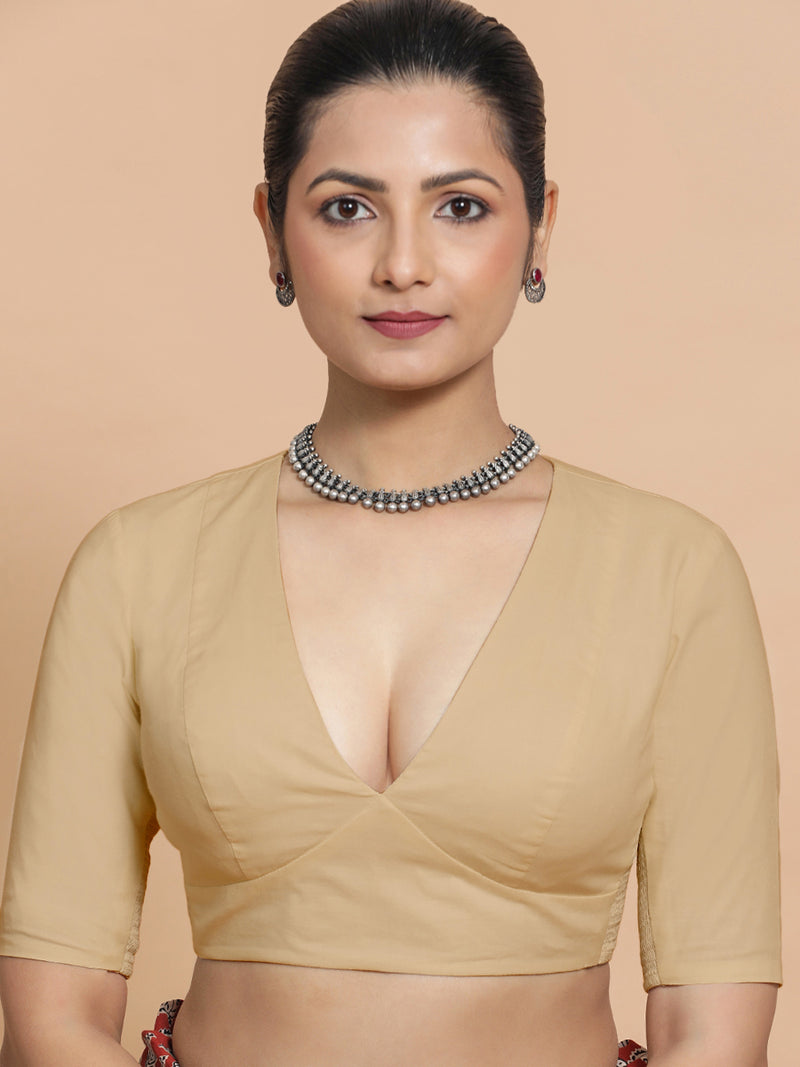 Malika x Rozaana | Deep Neck Saree Blouse in Ecru Beige Linen-Binks