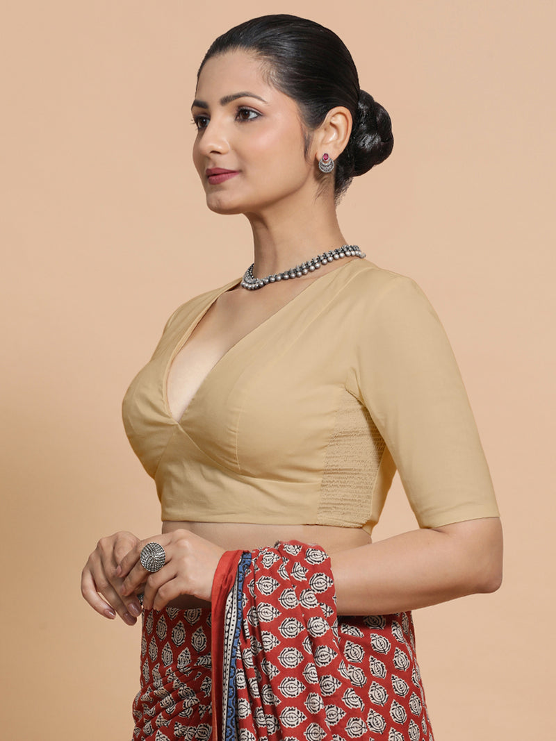 Malika x Rozaana | Deep Neck Saree Blouse in Ecru Beige Linen-Binks