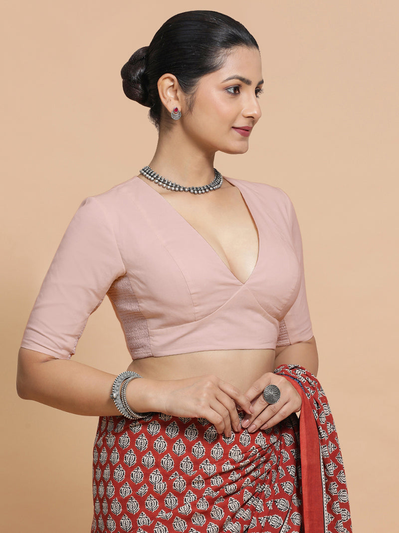 Malika x Rozaana | Deep Neck Saree Blouse in Misty Pink Linen-Binks