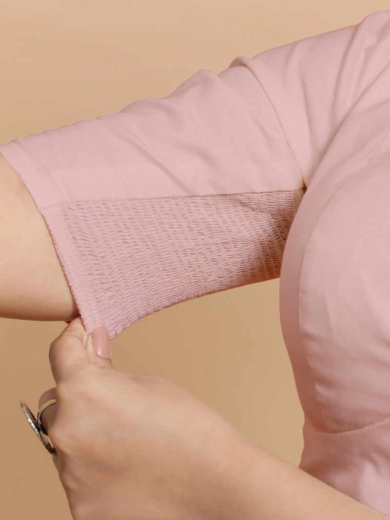 Malika x Rozaana | Deep Neck Saree Blouse in Misty Pink Linen-Binks