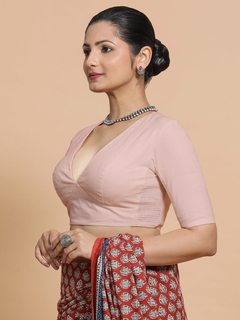 Malika x Rozaana | Deep Neck Saree Blouse in Misty Pink Linen-Binks