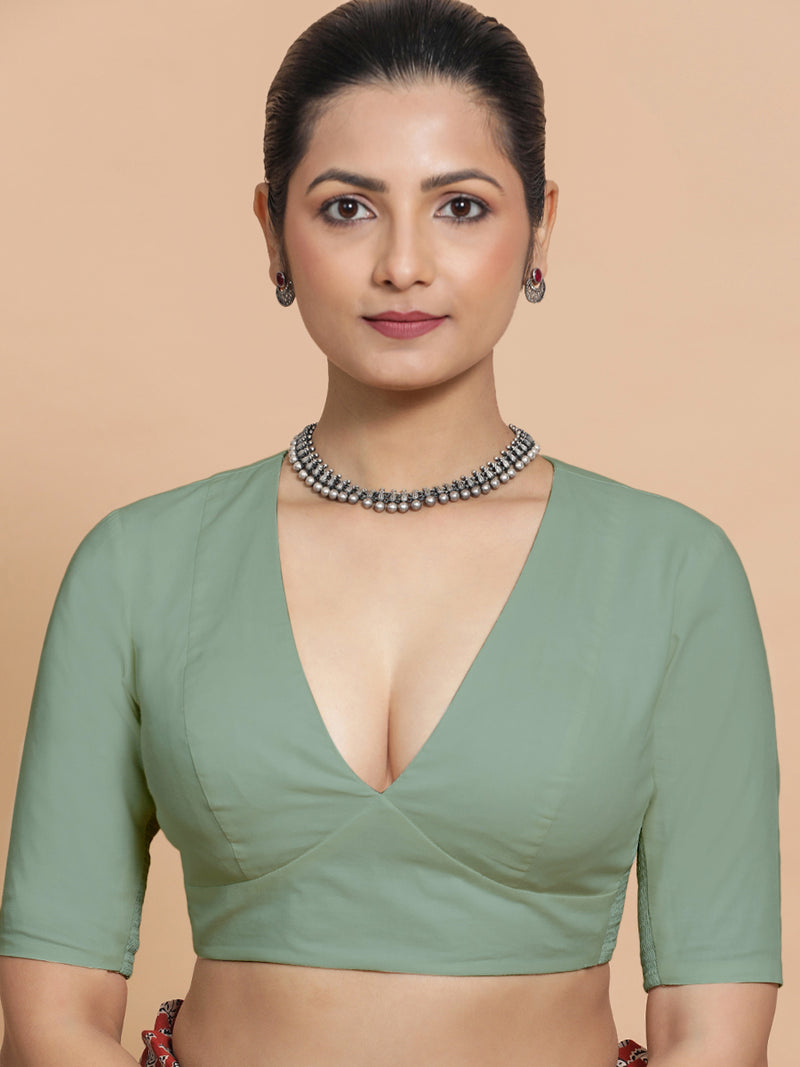 Malika x Rozaana | Deep Neck Saree Blouse in Peppermint Green Linen-Binks