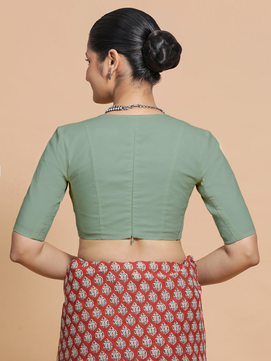 Malika x Rozaana Saree Blouse, in Green Linen, featuring elbow sleeves and v-neckline, made for daily & work (view 2).