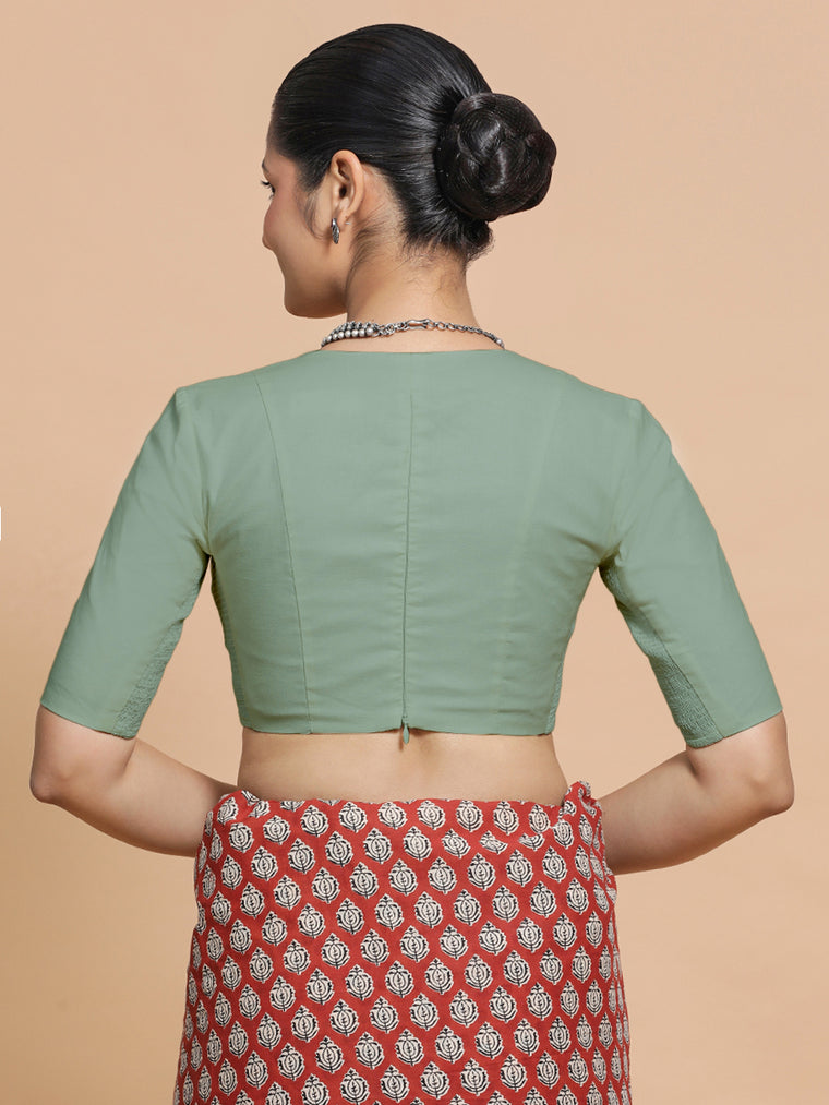 Malika x Rozaana Saree Blouse, in Green Linen, featuring elbow sleeves and v-neckline, made for daily & work (view 2).