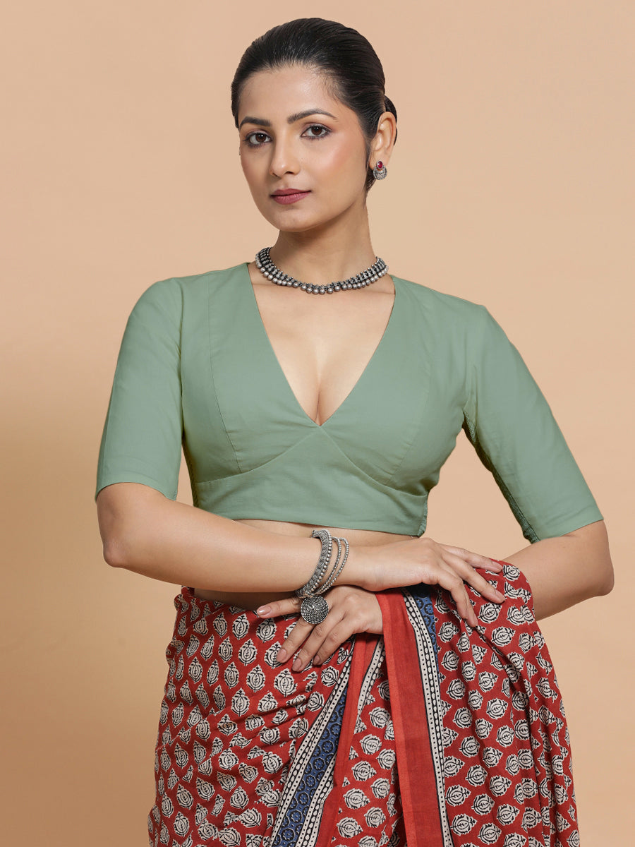 Malika x Rozaana Saree Blouse, in Green Linen, featuring elbow sleeves and v-neckline, made for daily & work (view 8).