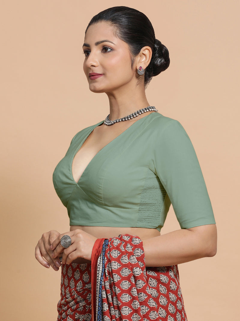 Malika x Rozaana | Deep Neck Saree Blouse in Peppermint Green Linen-Binks