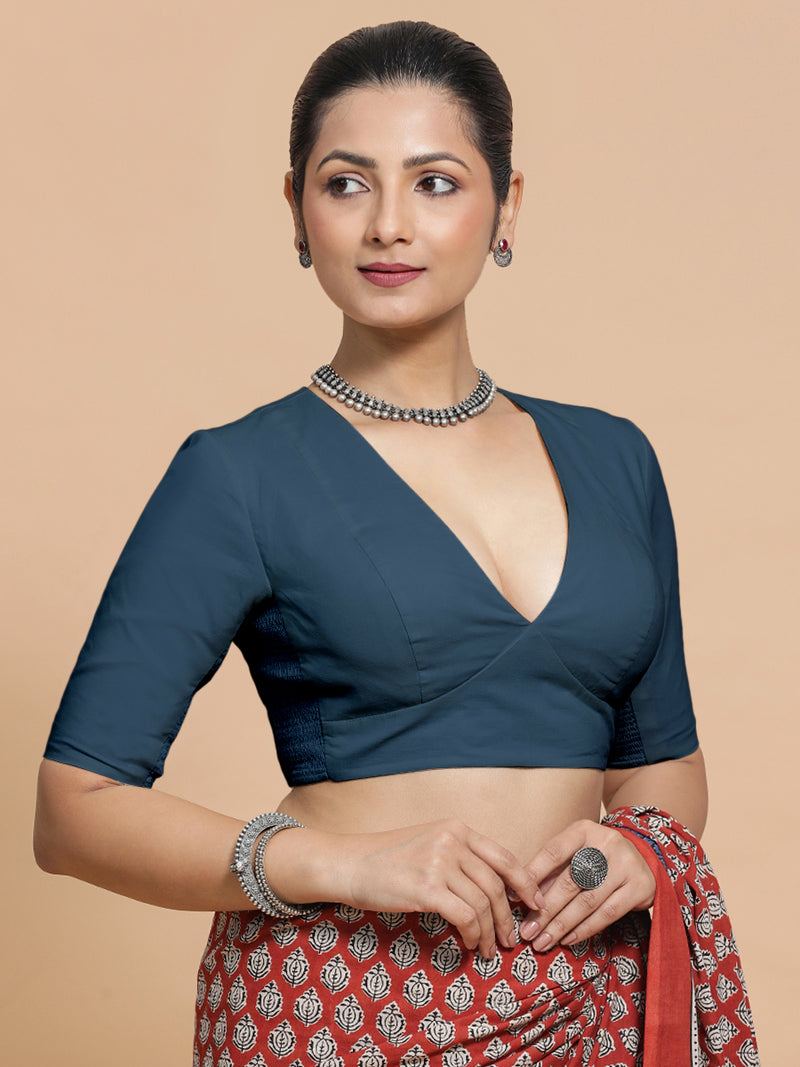 Malika x Rozaana | Deep Neck Saree Blouse in Regal Blue Linen-Binks
