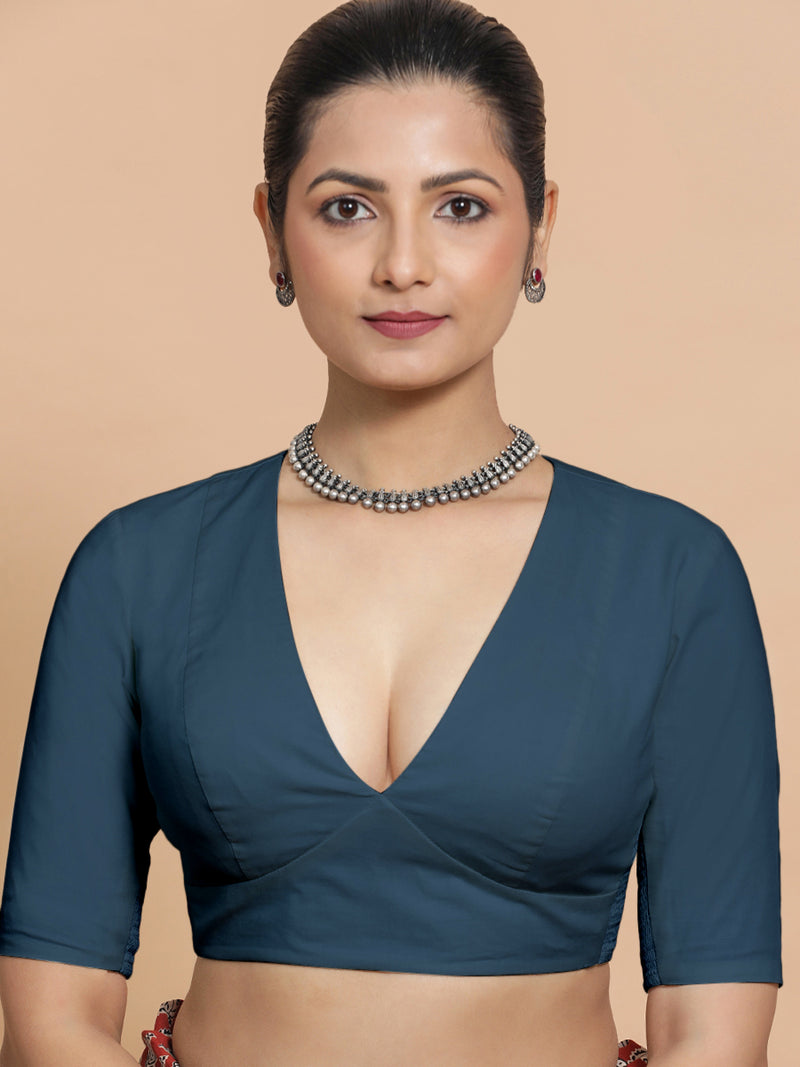 Malika x Rozaana | Deep Neck Saree Blouse in Regal Blue Linen-Binks