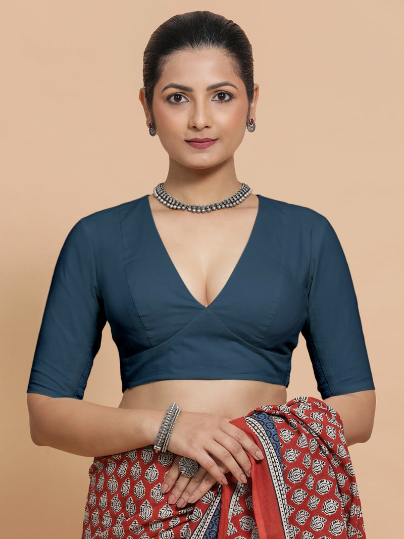 Malika x Rozaana | Deep Neck Saree Blouse in Regal Blue Linen-Binks