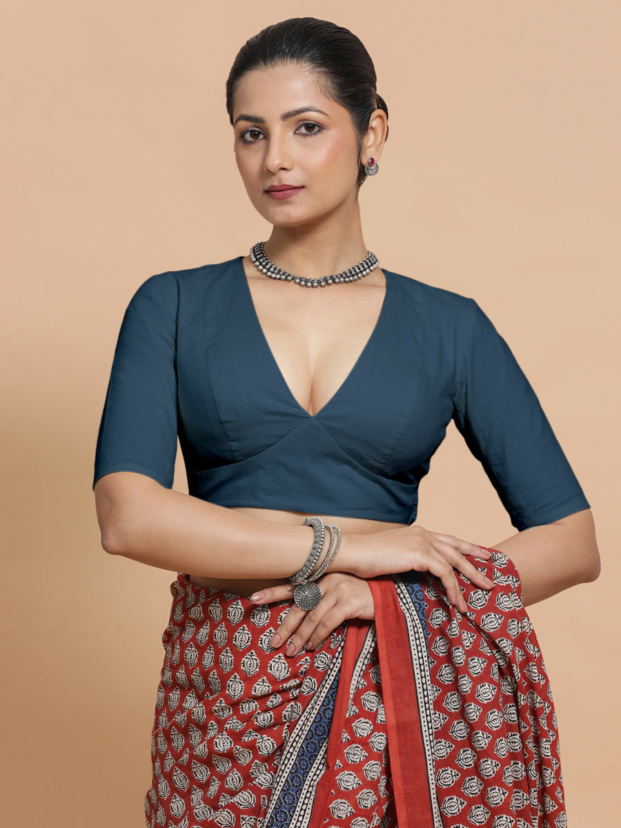 Malika x Rozaana Saree Blouse, in Blue Linen, featuring elbow sleeves and v-neckline, made for daily & work (view 8).