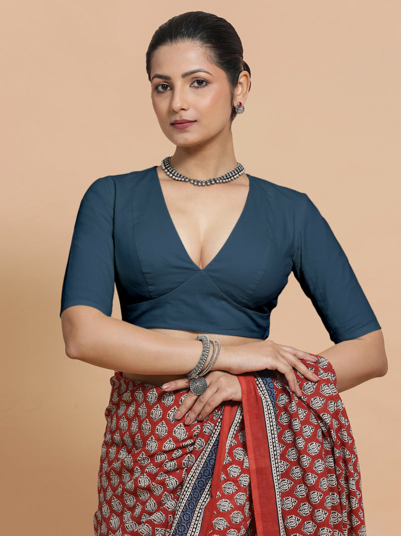 Malika x Rozaana | Deep Neck Saree Blouse in Regal Blue Linen-Binks