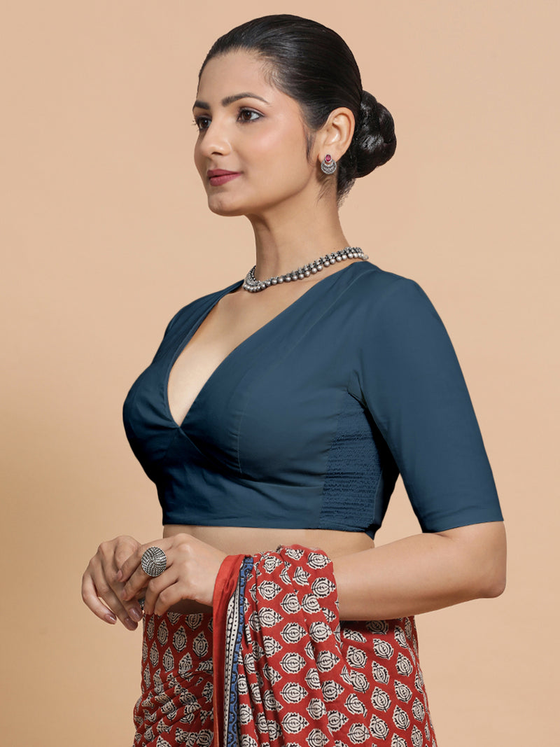 Malika x Rozaana | Deep Neck Saree Blouse in Regal Blue Linen-Binks