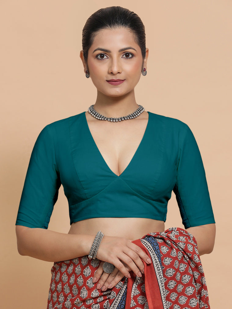 Malika x Rozaana Saree Blouse, in Blue Linen, featuring elbow sleeves and v-neckline, made for daily & work.