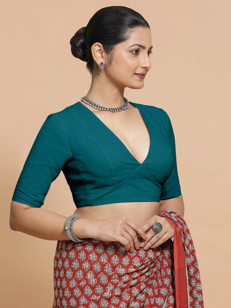 Malika x Rozaana | Deep Neck Saree Blouse in Teal Blue Linen-Binks