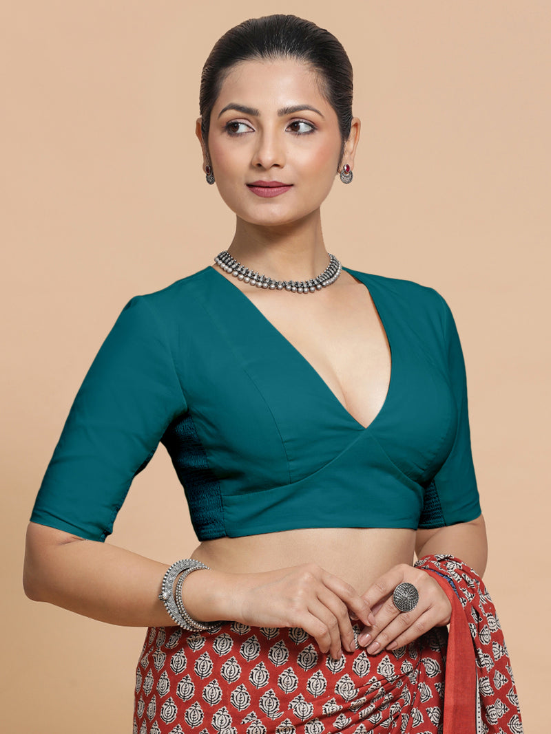 Malika x Rozaana | Deep Neck Saree Blouse in Teal Blue Linen-Binks