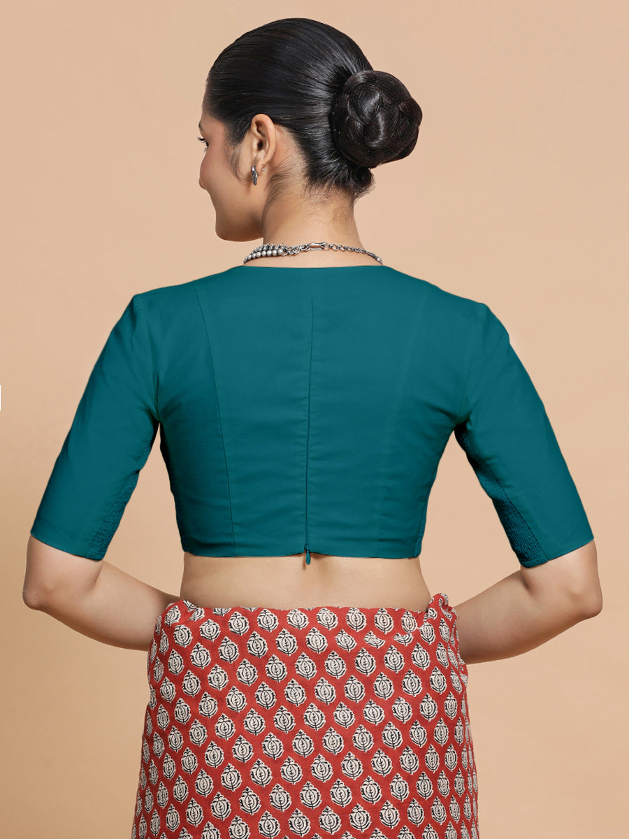 Malika x Rozaana Saree Blouse, in Blue Linen, featuring elbow sleeves and v-neckline, made for daily & work (view 2).